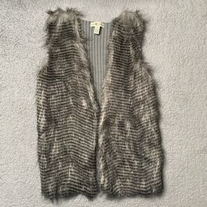 Love Change Italy Faux Fur Open Vest Cable Knit Back Gray Women's Medium Animal‎